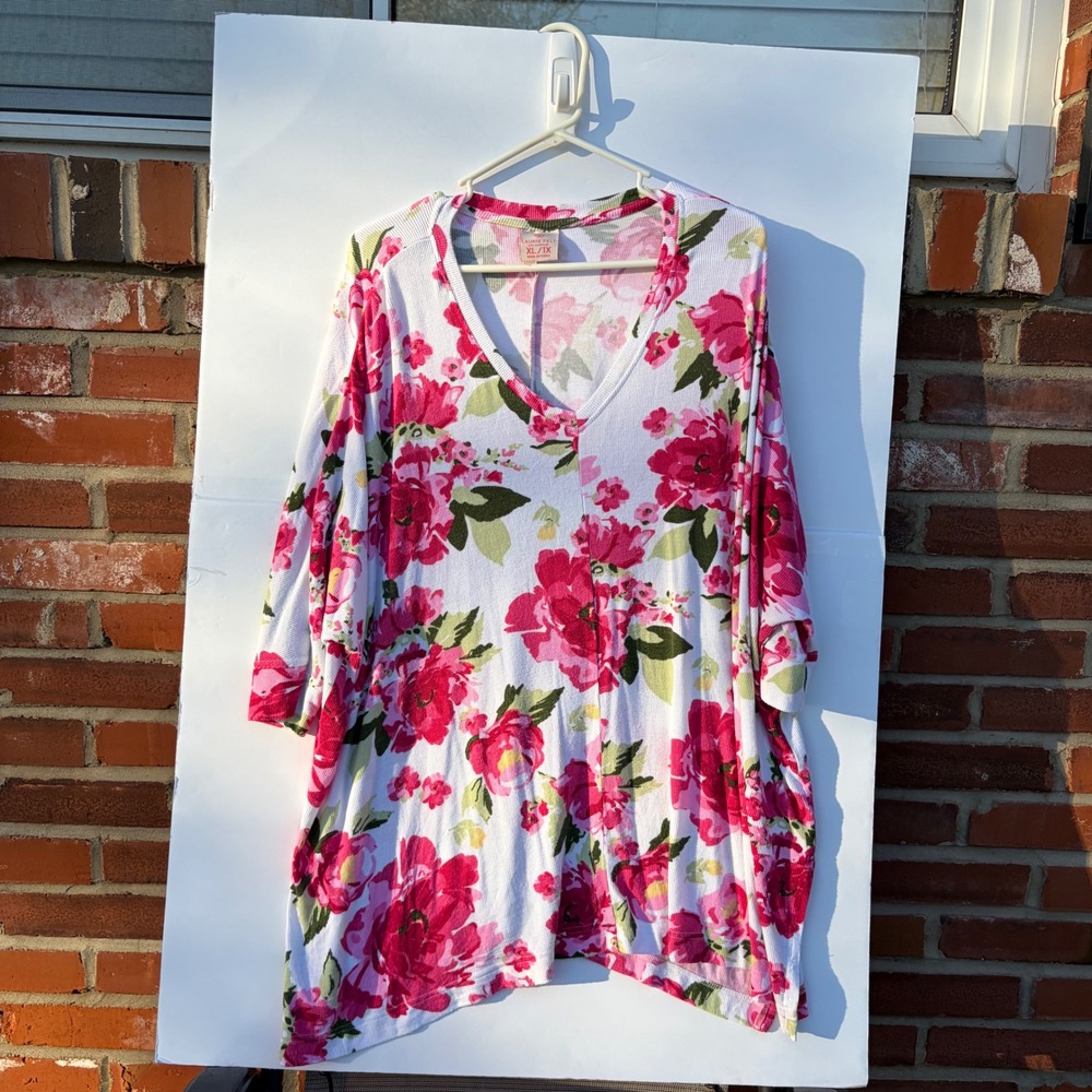 Laurie Felt Los Angeles Floral Ribbed V-Neck Tunic Top Pink White XL/1X